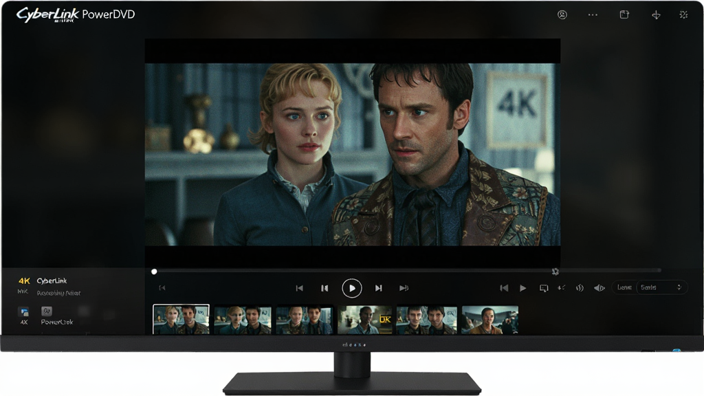 һ�Ÿ���ĵ�����ĻչʾCyberLink PowerDVD�����棬�������ִ���࣬��ɫ���������벥����һ��4K�����Ӱ���棬ɫ�����ޣ�ϸ�ڷḻ�������·��в��ſ�������ý�������ͼ�����岼�ֹ������Ƽ���ǿ��������������Χרҵ���޶���Ԫ��