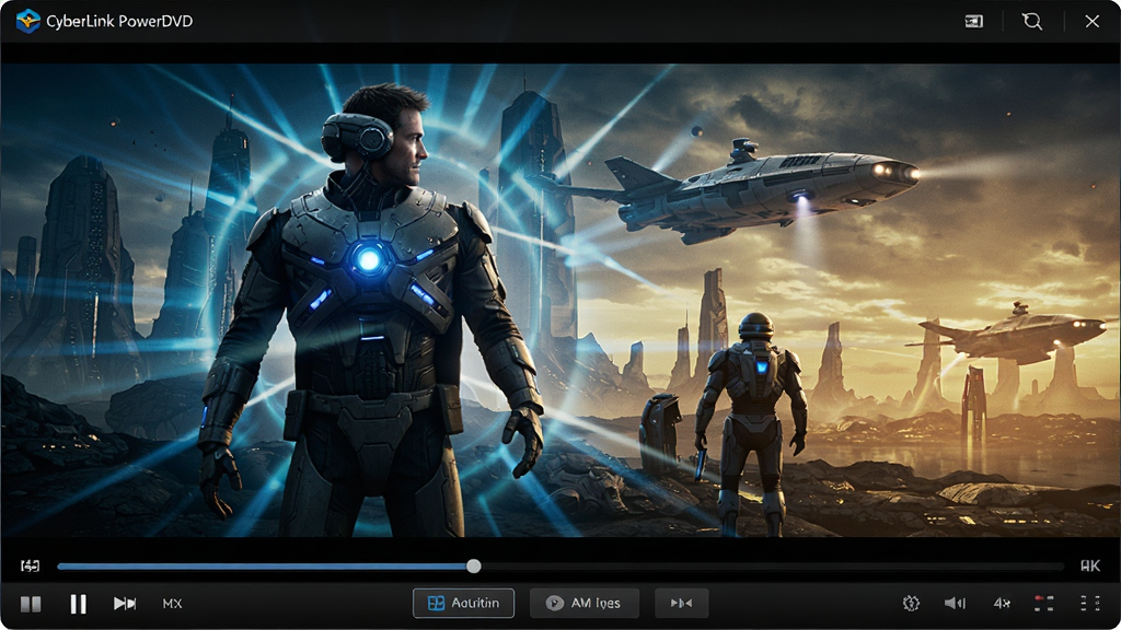 CyberLink PowerDVD����4K�����Ӱ�Ļ��棬��Ļ�ϳ���һ���ƻõ�Ӱ�����������й�ӰЧ���𺳣�ɫ�ʲ�ηḻ�������������͸�������ײ��в��Ž�����������ѡ��ť��������߶˴���������ϸ�壬�ɾ�������