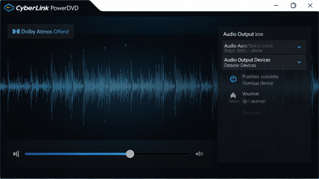 CyberLink PowerDVD��Ƶ���ý��棬��ʾDolby Atmos��Ч����״̬������Ϊ��Ƶ����ͼ���������������ڻ������Ƶ����豸ѡ�������Ƽ���ǿ���������ɫɫ����ϸ�ڷḻ����������