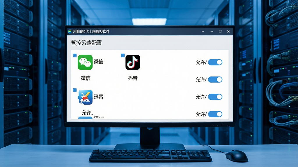 一张高清网络管理员工作台图片,桌面显示器上显示“网路岗9代上网监控软件”的应用管控策略配置页面,页面中列出“微信”、“抖音”、“迅雷”等多个应用图标,每个图标右侧有“允许/禁止”的开关按钮,背景是机房服务器机柜,整体色调偏冷蓝,风格科技感强,细节丰富,画质清晰,无多余元素