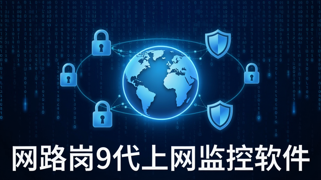一张网络安全防护概念图,画面中央是一个发光的蓝色地球图标,周围环绕着锁形与盾牌图标,背景是深蓝色数字代码雨,画面下方显示“网路岗9代上网监控软件”字样,整体风格现代科技感,干净无多余元素,画质清晰