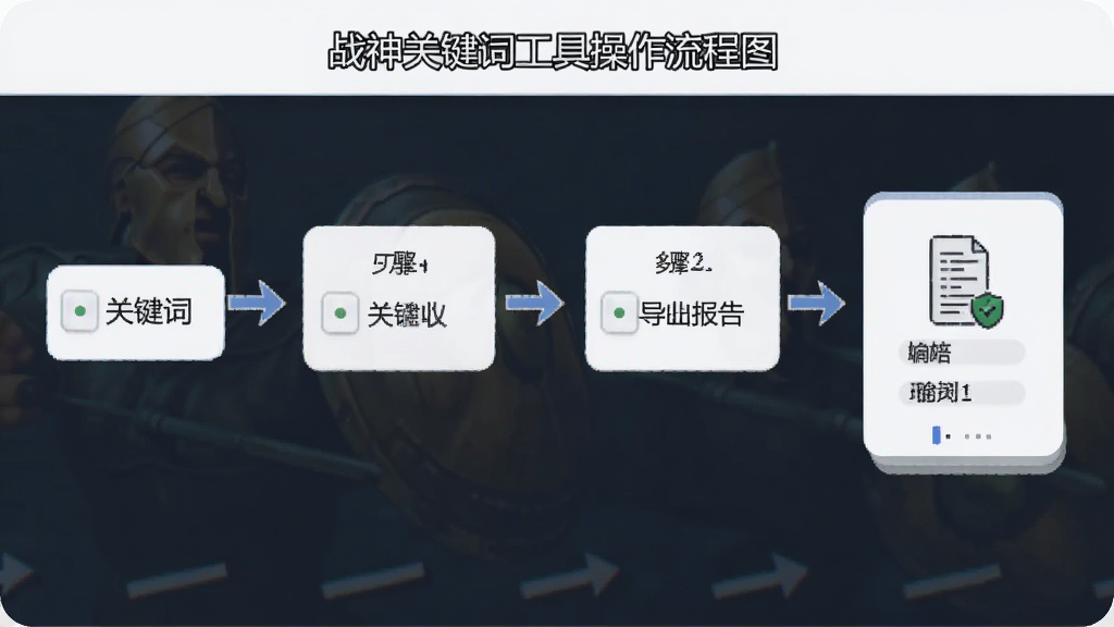 战神关键词工具操作流程图,显示从输入关键词到导出报告的完整步骤,界面清晰,步骤简洁明了,画质干净