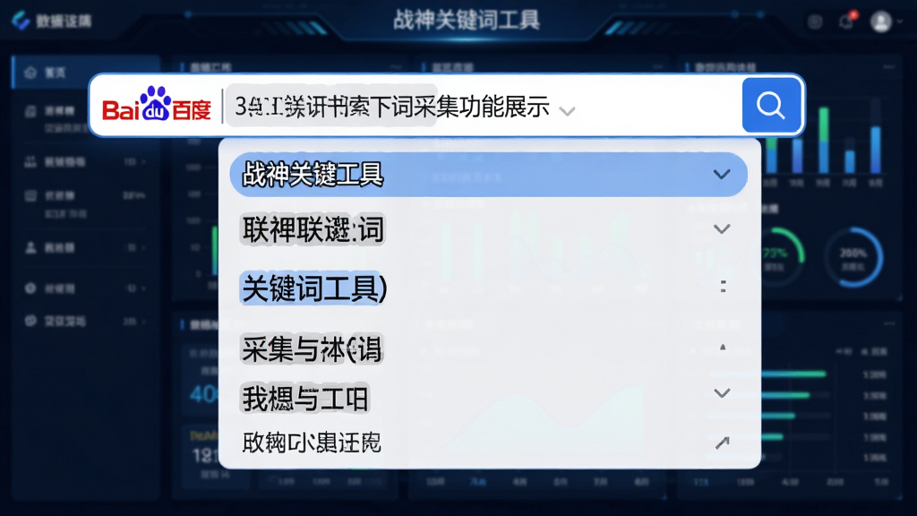 战神关键词工具百度下拉词采集功能展示图,模拟搜索框下拉列表,突出显示联想词汇,背景为数据监控仪表盘,风格科技感十足,画质干净清晰