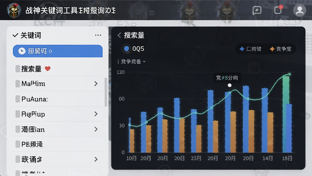 战神关键词工具批量查询功能预览图,界面显示关键词列表与数据图表,重点展示搜索量和竞争度指标,风格清晰直观,画质细腻干净