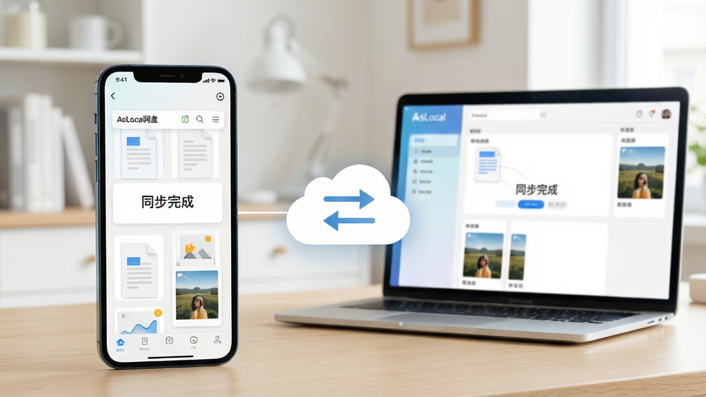 主体:一部智能手机与一台笔记本电脑同时显示AsLocal网盘同步界面,背景为简约书房。布局:手机位于左侧前景,电脑屏幕位于右侧背景,中间有云朵连接图标。排版:界面展示文档与照片缩略图,云朵图标带有双向箭头。风格:明亮清新的家居风格,浅木色桌面。细节:屏幕中显示“同步完成”字样,光线自然。画质:高分辨率,干净无多余元素