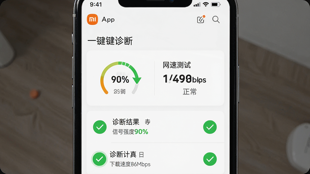 主体:小米路由器APP界面,显示“一键诊断”结果页面,包含信号强度、网速测试。布局:手机界面为主,下方有诊断结果列表。排版:简洁直观,绿色对勾图标表示正常。风格:真实UI截图风格,色彩鲜明。细节:显示“信号强度90%”、“下载速度86Mbps”等数据。画质:高清,干净,无多余元素。