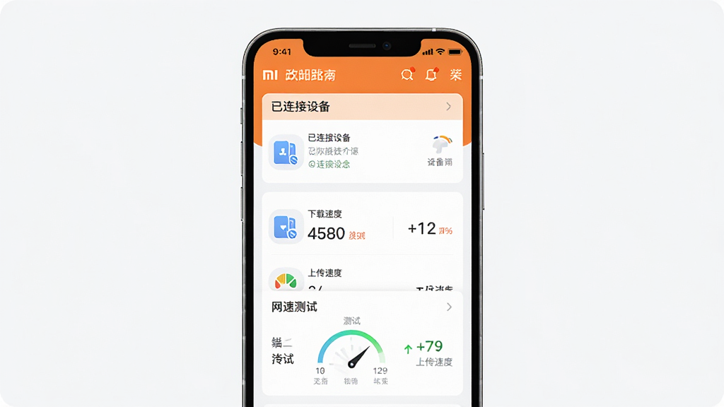 主体:手机屏幕显示小米路由器APP管理界面,包含设备列表、网速测试结果。布局:手机居中,屏幕内容为主,展示运行状态。排版:界面简洁,数据清晰。风格:UI设计图,扁平化,色彩明快。细节:显示“已连接设备”、“下载速度”、“上传速度”等数字。画质:高清,干净,无多余元素。