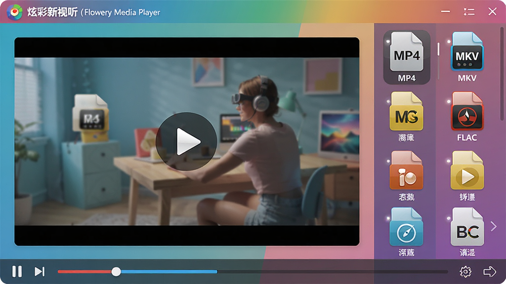 主体:炫彩新视听(Flowery Media Player)播放器界面,正在播放一个多格式文件列表。布局:中央显示视频画面,右侧边栏列出多种文件格式图标(MP4、MKV、FLAC等)。排版:格式图标整齐排列,每个图标下方标注格式名称。风格:扁平化设计,色彩明快。细节:播放画面清晰,图标带有微小光泽,界面底部有播放进度条。画质:高清,干净无多余元素。