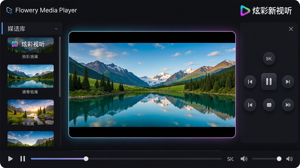 主体:炫彩新视听(Flowery Media Player)软件主界面展示,界面中央正在播放一部高清自然风光影片,画面色彩鲜艳。布局:左侧为媒体库列表,右侧为播放控制区,底部为进度条和音量调节,整体布局清晰。排版:界面采用深色主题,图标线条流畅,文字标签简洁。风格:科技感与时尚感结合,光影效果突出。细节:播放窗口边缘有微光特效,控制按钮带有悬浮阴影,界面右上角显示“炫彩新视听”Logo。画质:8K超清,细节丰富,干净无多余元素。