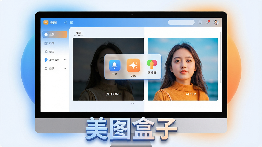 主体:美图盒子的主界面展示在电脑屏幕上,界面清晰明亮,左侧为功能列表,右侧为图片预览区,中间悬浮着几个主要工具图标;布局:电脑屏幕居中,周围有柔和的渐变光晕,底部有软件名称“美图盒子”的立体字标;排版:界面元素整齐排列,图标间距均匀,整体视觉重心稳定;风格:现代简约,带一点科技感,色彩以蓝白渐变为主,辅以暖橙色点缀;细节:屏幕中显示一张处理前后的对比照片,左侧原图偏暗,右侧处理后色彩鲜艳;画质:8K高清,细节丰富,干净无多余元素。