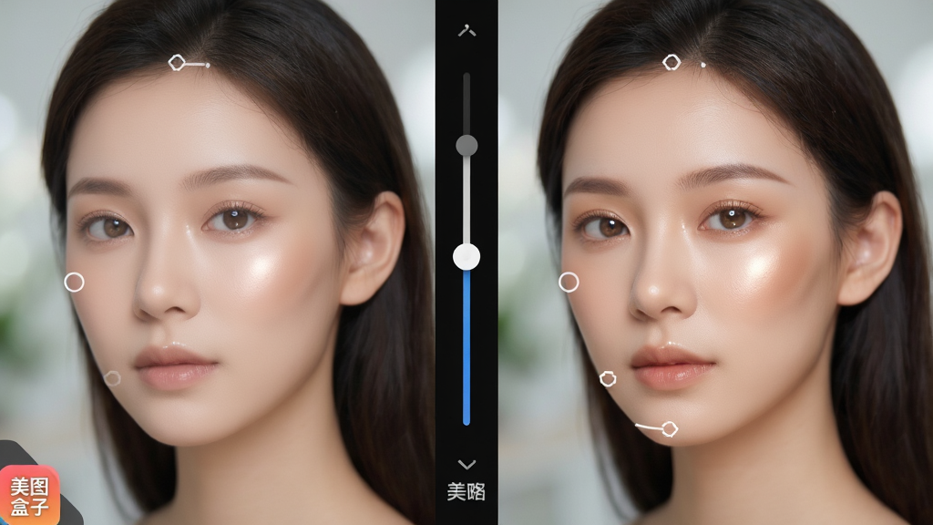 主体:一张人像照片的编辑界面,左侧为原图,右侧为精修后的效果,面部区域有高光标记;布局:界面分为左右两栏,中间有竖向的调节滑块,底部有“美图盒子”的角标;排版:对比图并排摆放,滑块垂直居中,文字标注清晰;风格:清新明亮,人像肤色自然,背景虚化;细节:磨皮效果细腻,眼睛部分有微光增强,脸颊轮廓立体;画质:8K超清,干净无多余元素。