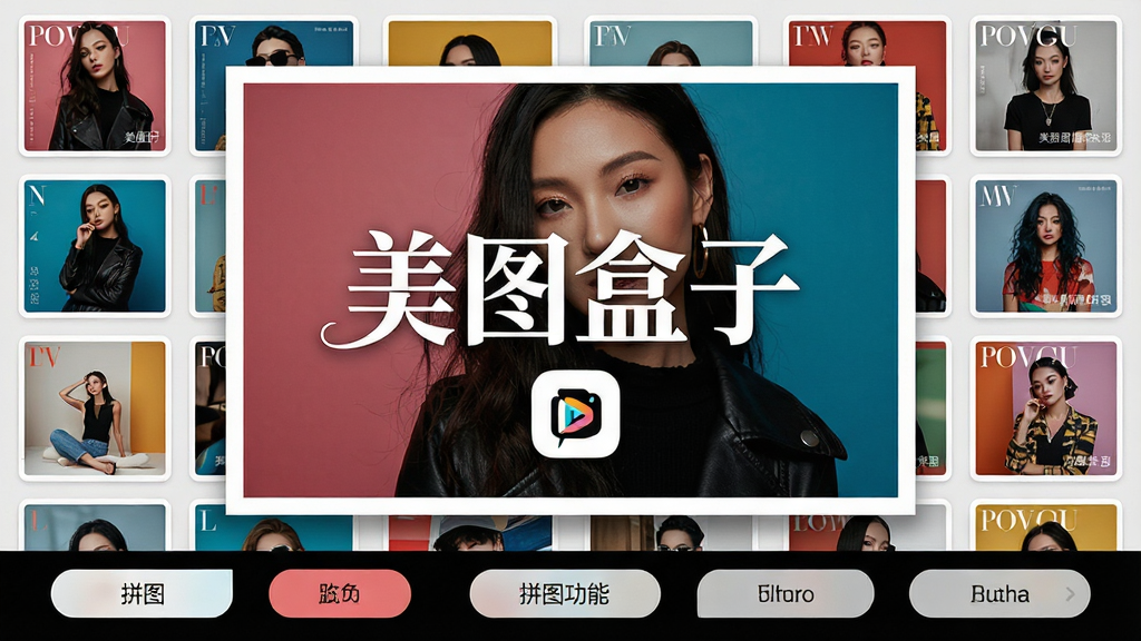 主体:多张照片在软件中拼合成一张杂志风格的海报,画面中有文字标题“美图盒子”和一个简单的logo;布局:作品居中展示,周围有模板缩略图环绕,底部是拼图功能按钮;排版:主视觉突出,模板缩略图按网格排列,功能按钮横向均匀分布;风格:时尚杂志风,色彩鲜明,有设计感;细节:照片边缘有细致的白色边框,文字标题使用艺术字体;画质:高清细腻,干净无冗余元素。
