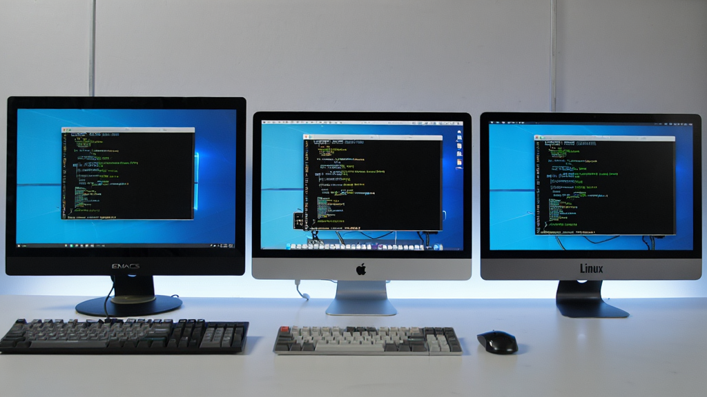 主体:EMACS在Windows、macOS、Linux三台设备上运行,界面一致;布局:三台设备并排;排版:各设备屏幕显示EMACS界面;风格:科技感,多平台;细节:设备品牌标识不明显;画质:高清,干净,无多余元素