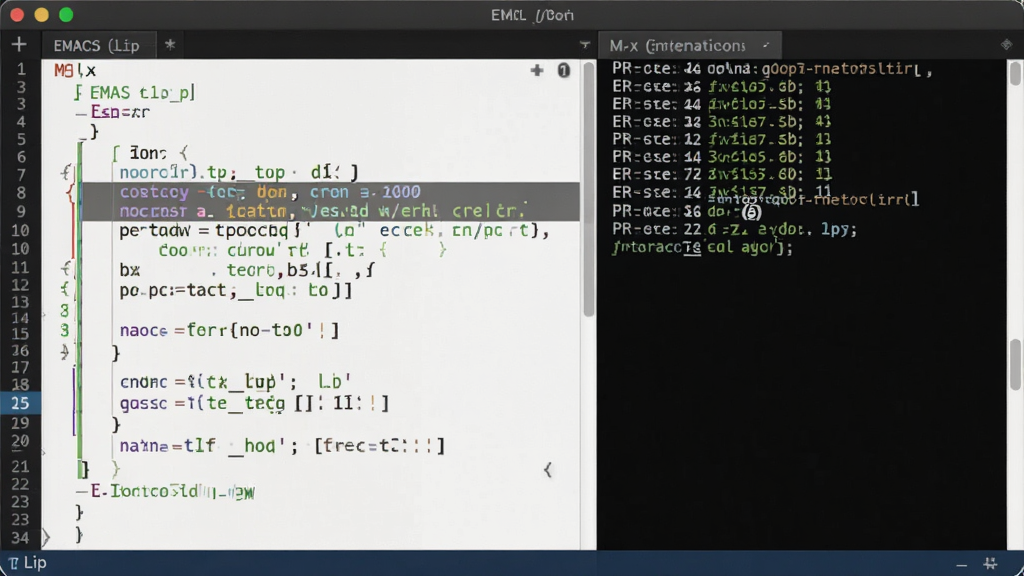 主体:EMACS Lisp代码编辑界面,显示自定义函数;布局:左侧代码窗口,右侧交互式解释器;排版:代码高亮,括号匹配;风格:专业极客风;细节:显示“M-x”命令提示;画质:高清,干净,无多余元素