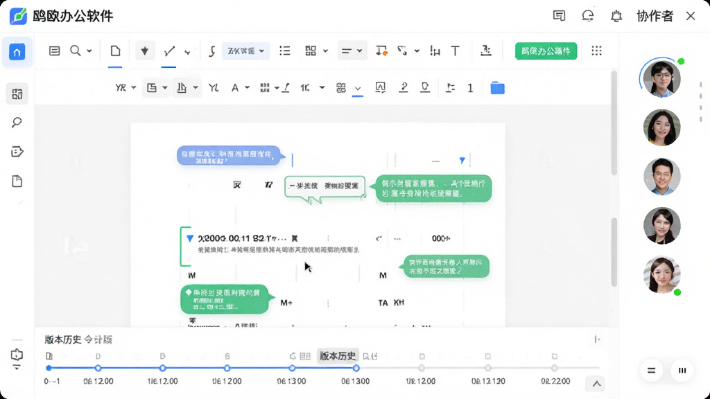 画面主体为“鸥鸥办公软件”的文档协同编辑界面,中央是打开的文档页面,右侧有多个头像代表协作者,底部有版本历史时间线。布局采用全屏编辑模式,风格清爽明亮,以白色为底色,辅以蓝色和绿色点缀,细节包括光标位置和批注气泡,画质高清干净。