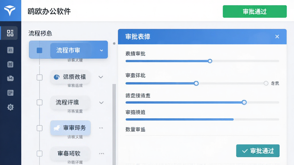 画面主体为“鸥鸥办公软件”的审批功能界面截图风格,左侧是流程节点列表,右侧是审批表单详情,顶部有“审批通过”的绿色按钮。布局采用左右分栏式,整体风格简洁商务,蓝白配色为主,细节包含清晰的文字标签和进度条,画质干净无多余元素。