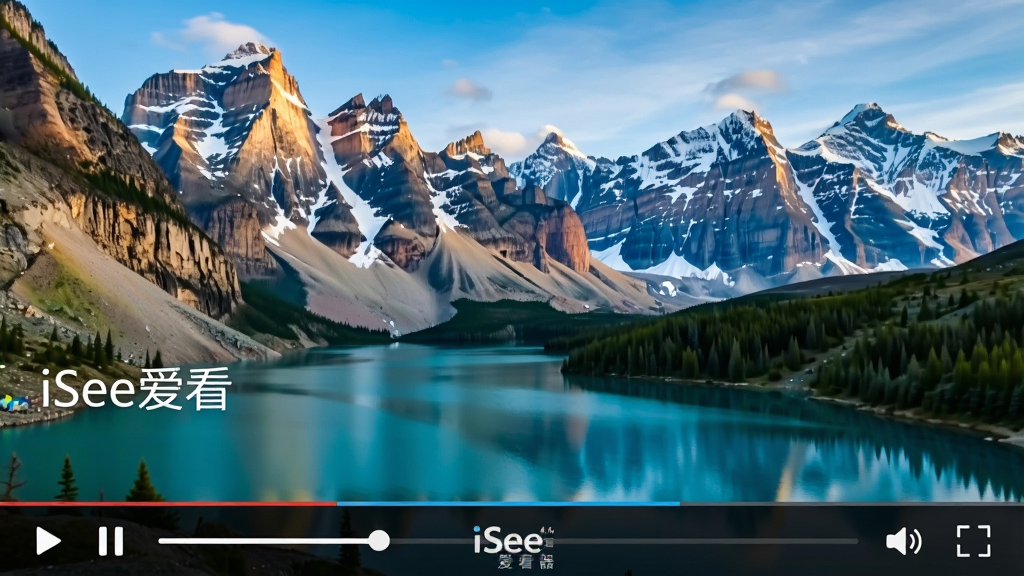 主体:“iSee爱看”软件的视频播放界面,正在播放一部自然风光纪录片。布局:视频画面居中,底部为播放控制条,包含播放/暂停、进度条、音量及全屏按钮。排版:视频画面清晰,控制条简洁。风格:真实视频帧质感,色彩鲜艳。细节:画面上展现壮丽的雪山与湖泊,控制条上清晰显示“iSee爱看”播放器标识。画质:4K高清,纯净,无多余元素。