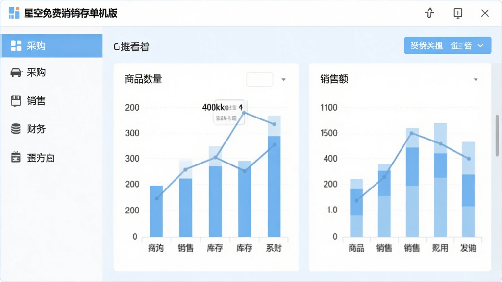 星空免费进销存单机版主界面概览,左侧功能导航栏清晰列出采购、销售、库存、财务等模块,中央为数据看板展示商品数量与销售额图表,整体风格简洁商务,浅蓝与白色为主色调,布局规整,界面明亮通透,画质高清干净无多余元素