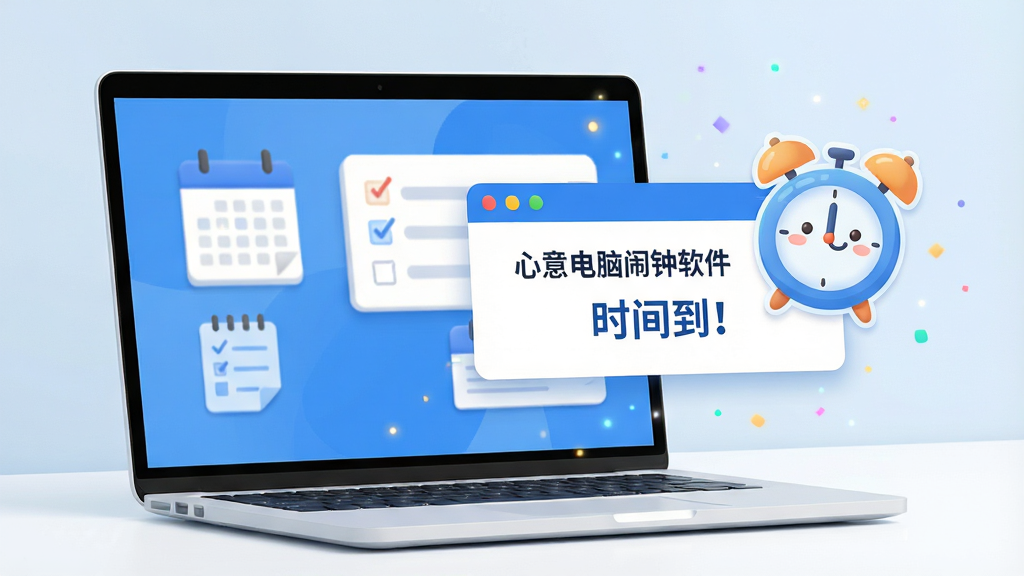 主体:一台现代化的笔记本电脑屏幕上弹出醒目的“心意电脑闹钟软件”提醒窗口,旁边有可爱的卡通闹钟图标;布局:电脑位于画面中央偏左,提醒窗口悬浮于屏幕右侧,周围有轻盈的粒子特效点缀;排版:电脑与闹钟图标形成对角线构图,视觉重心平衡;风格:扁平化结合轻微拟物,色彩明快清新,主色调为蓝色与白色;细节:提醒窗口显示“时间到!”字样,桌面背景有日历和待办事项图标;画质:高清,干净,无多余元素。