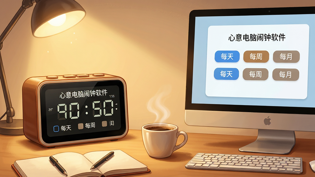 主体:电脑屏幕前摆放着一个精致的电子闹钟,屏幕显示“心意电脑闹钟软件”的定时设置界面,包含重复周期选项;布局:闹钟位于画面左侧,电脑屏幕位于右侧,形成互动感;排版:左右对称,中间留白,引导视线聚焦于设置界面;风格:写实与插画结合,暖色调灯光,营造温馨氛围;细节:设置界面有“每天”、“每周”、“每月”的选项按钮,闹钟旁有一杯咖啡和笔记本;画质:高分辨率,干净,无多余元素。