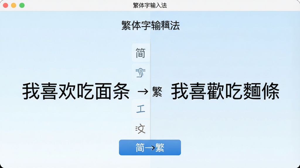 主体为“繁体字输入法”软件运行界面,中央展示一段简体文字转换为繁体文字的对比效果,左侧为简体文本“我喜欢吃面条”,右侧为转换后的繁体文本“我喜吃”,背景为淡蓝色渐变,布局分为左右对比版块,排版整齐,风格清爽简洁,细节包含转换按钮和“简→繁”箭头标识,画质高清,干净无多余元素