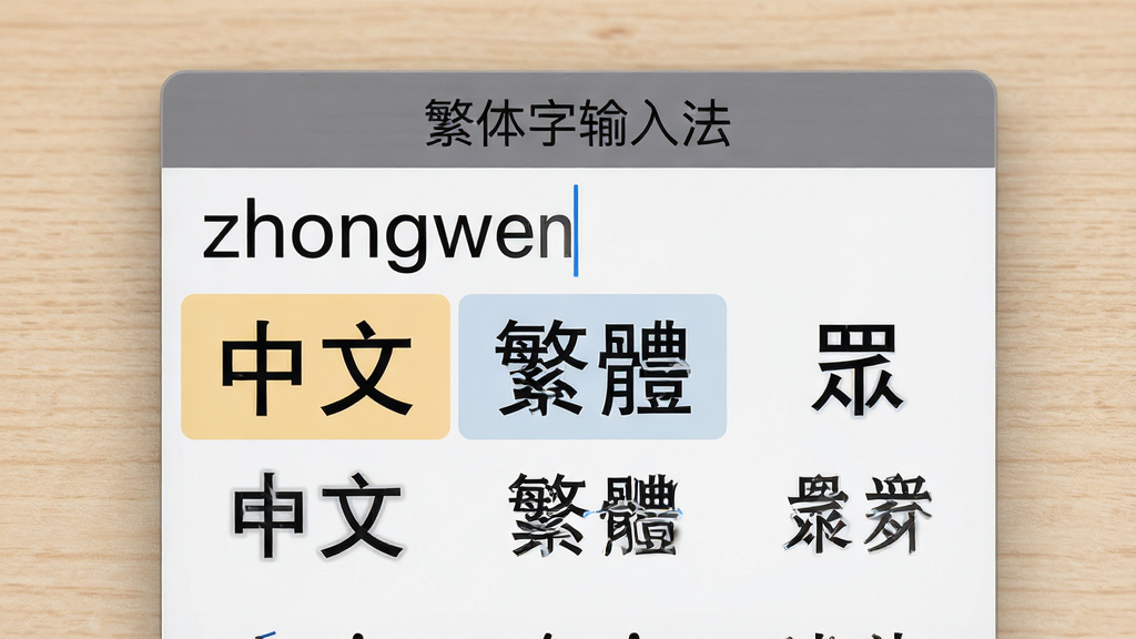 主体为“繁体字输入法”的拼音输入候选框特写,背景为浅色木纹桌面,输入框内显示“zhongwen”及多个繁体候选词如“中文”“繁”“”等,画面居中,布局简洁,排版清晰,风格写实,细节突出候选词高亮效果和字体笔画,画质高清,干净无多余元素