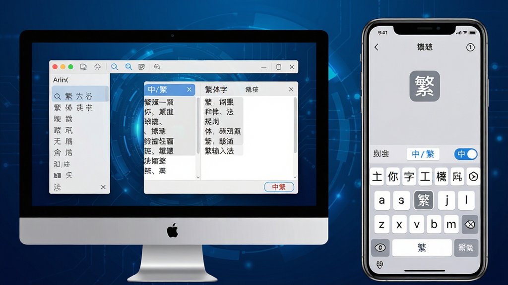 主体为“繁体字输入法”软件在电脑与手机上的界面展示,背景为简洁的深蓝色科技感渐变,画面左侧是台式电脑屏幕中显示繁体字输入法工具栏与候选词窗口,右侧是智能手机屏幕显示繁体字输入键盘,键盘上清晰标注“繁”字图标,整体布局左右对称,排版干净整洁,风格现代扁平化,细节包含候选字列表和“中/繁”切换按钮,画质高清,干净无多余元素
