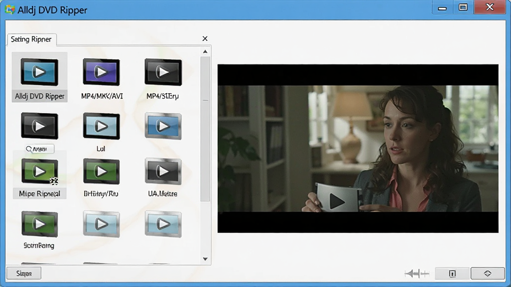 Alldj DVD Ripper格式选择界面,列表中包含MP4/MKV/AVI等多种视频格式图标,右侧预览窗口显示视频画面,软件名称“Alldj DVD Ripper”位于左上角,整洁排版,高清画质