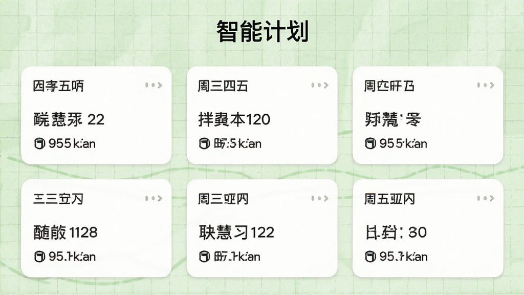 一周慧英语应用内学习计划界面截图,画面展示一周七天的课程卡片,每张卡片标注日期与学习时长,背景为淡绿色网格纸纹理,顶部有“智能计划”标题,整体排版简洁,风格扁平化,画质干净无多余元素。