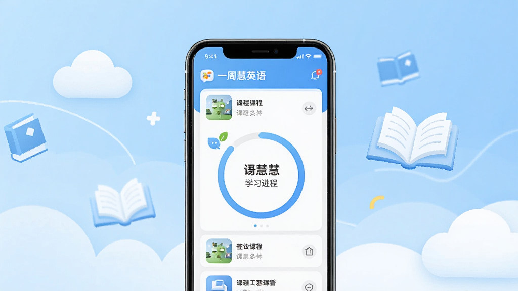 一张展示一周慧英语应用主界面的高清预览图,画面中央是手机屏幕,屏幕内显示课程列表与学习进度环,背景为浅蓝色渐变,搭配白色云朵与书本图标,整体风格清新明亮,干净无多余元素,画质细腻。