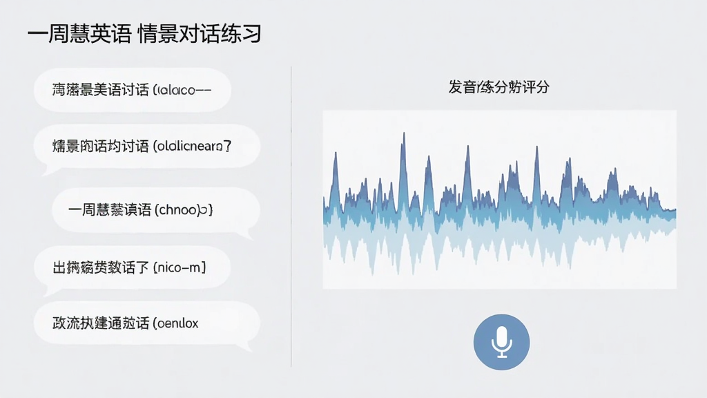 一周慧英语情景对话练习页面,左侧为对话气泡列表,右侧为发音评分波形图,底部有麦克风按钮,背景为浅灰色,整体风格简约,突出功能分区,画质干净无多余元素。