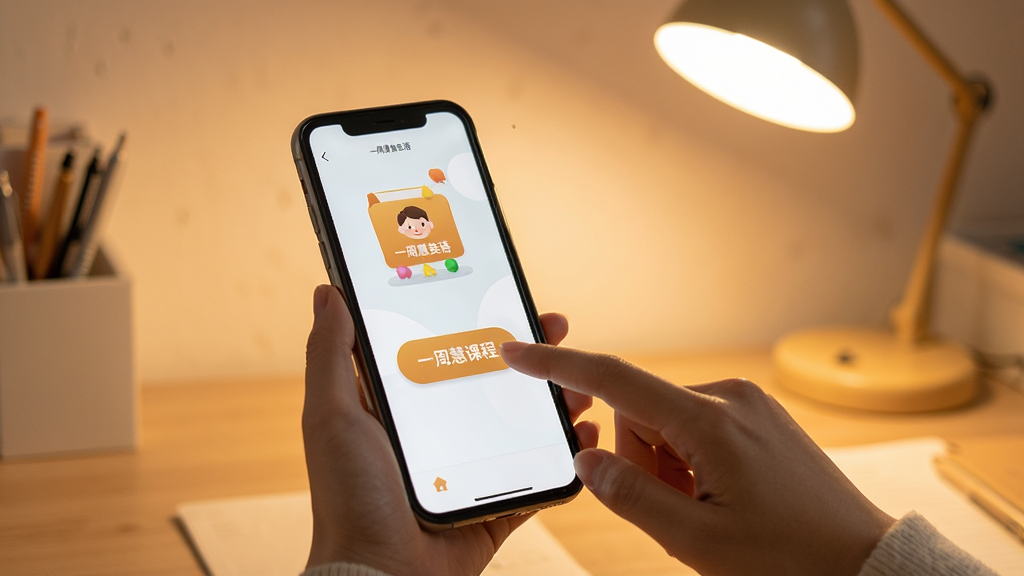 一周慧英语应用在手机上运行的使用场景图,画面展示用户手指点击屏幕上的课程按钮,背景为书桌与台灯,整体偏暖色调,干净无多余元素,画质清晰。