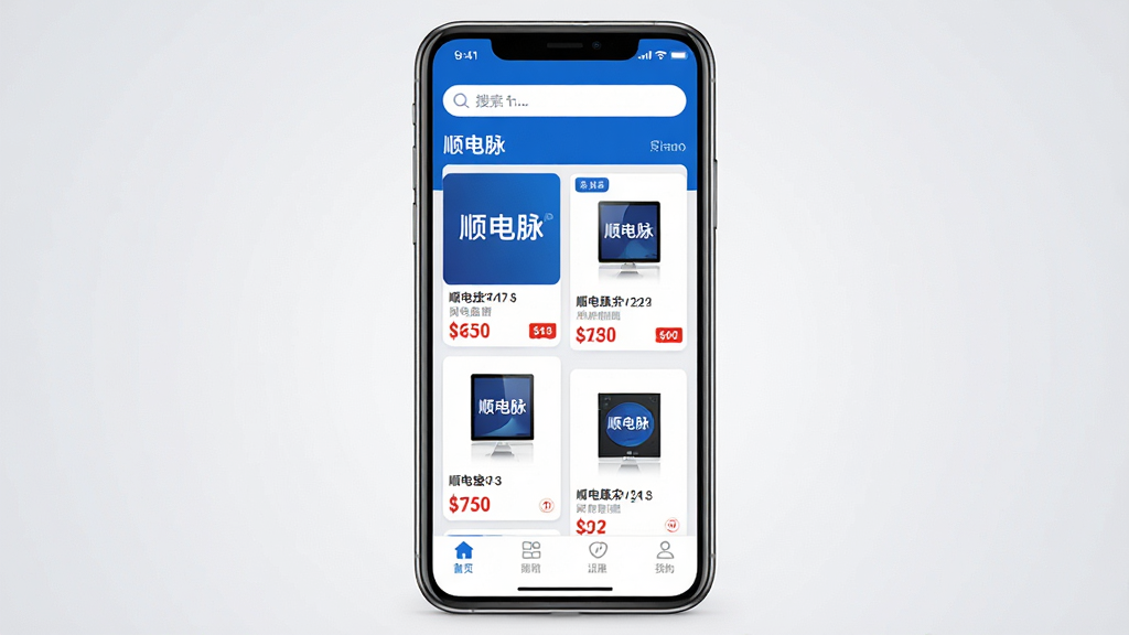 主体:智能手机屏幕展示顺电脉APP主界面,界面顶部有搜索栏,中部为商品瀑布流,底部为功能导航栏。布局:手机位于画面中央,背景为浅灰色渐变,手机屏幕内容清晰可辨。排版:界面元素排列整齐,商品卡片均匀分布。风格:现代扁平化设计风格,色彩以品牌蓝和白色为主。细节:屏幕中显示“顺电脉”字样,商品图片清晰,价格标签醒目。画质:超高清,干净,无多余元素。