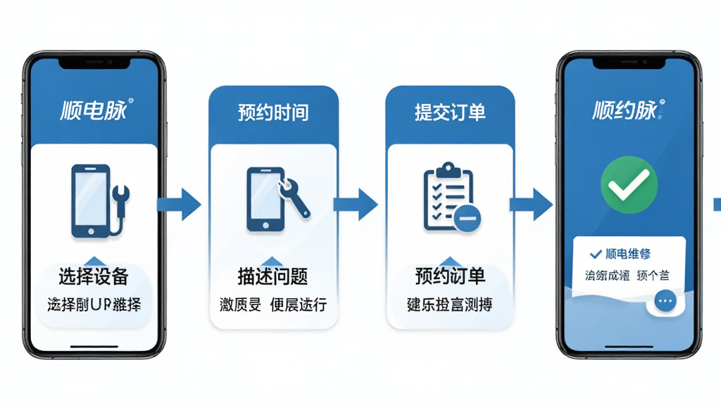 主体:用户通过手机APP预约维修服务的流程示意图,包含选择设备、描述问题、预约时间、提交订单四个步骤。布局:流程图横向排列,每个步骤配有图标。排版:步骤清晰,箭头引导。风格:简洁商务风,蓝色为主色调。细节:屏幕上有“顺电脉”字样,每个步骤下方有简短文字说明,预约成功页面有对勾图标。画质:清晰,干净,无多余元素。
