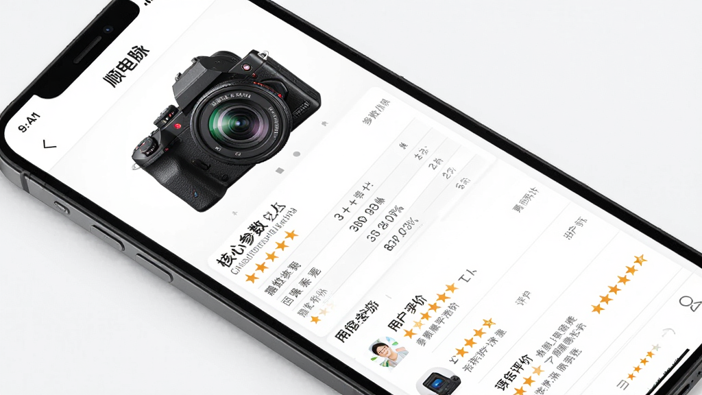 主体:手机APP内展示一款数码相机的评测页面,包含图片、参数表格和用户评论。布局:页面从上到下依次为商品大图、核心参数、用户评价列表。排版:信息层级分明,数据以表格形式呈现。风格:现代简约,背景为白色。细节:页面顶部有“顺电脉”字样,商品图片清晰,评价星级明显。画质:高分辨率,界面干净,无多余元素。