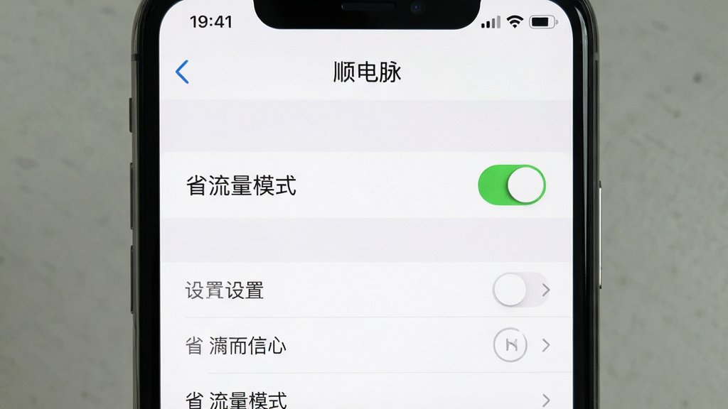 主体:手机截图展示顺电脉APP的“设置”界面,突出“省流量模式”开关。布局:界面居中,开关处于开启状态。排版:清晰简单。风格:系统风格。细节:屏幕上方有“顺电脉”字样,下方有设置选项列表。画质:高清,干净,无多余元素。