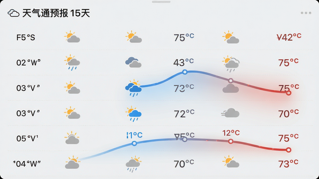主体:天气通预报的15天预报界面截图风格,显示日期、天气图标和温度曲线。布局:左侧日期列表,右侧为对应的天气图标与温度区间。排版:列表式设计,每行清晰分隔,温度用蓝色到红色渐变标识。风格:简洁现代,背景为浅灰色。细节:温度曲线用平滑线条连接,高低温数值用不同颜色标注。画质:高清、干净、无多余元素。