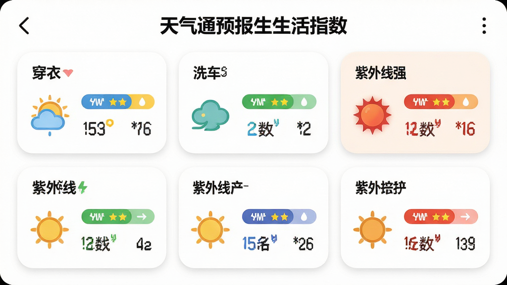 主体:天气通预报的生活指数页面截图风格,显示穿衣、洗车、紫外线等指数卡片。布局:卡片式网格排列,每张卡片包含指数名称、等级和图标。排版:卡片圆角设计,图标色彩鲜明。风格:活泼明快,背景为白色。细节:指数等级用不同颜色高亮,如紫外线强用红色。画质:高清、干净,无多余元素。