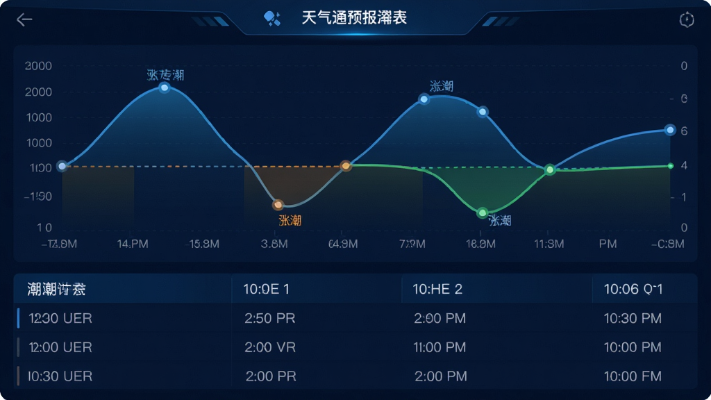 主体:天气通预报的潮汐表界面截图风格,显示潮汐曲线和涨落潮时间点。布局:上方为潮汐曲线图,下方为时间列表。排版:曲线图平滑,时间点用标记点突出。风格:科技感,深蓝色背景。细节:潮汐数据用不同颜色区分涨潮和退潮。画质:高清、干净,无多余元素。