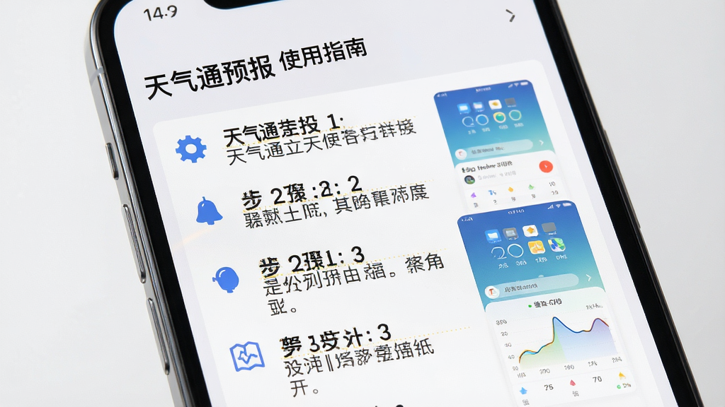 主体:手机截图展示天气通预报的“使用指南”界面,包含文字步骤和示例图。布局:上方为标题,下方为步骤列表。排版:步骤编号清晰,文字简洁。风格:干净整洁,背景为浅灰色。细节:每个步骤前有图标标识。画质:高清、干净,无多余元素。