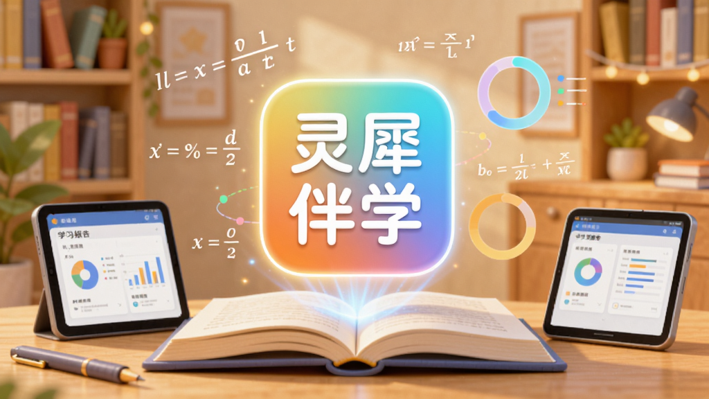 画面主体为灵犀伴学APP的3D图标悬浮在书本与智能设备之上,背景是温馨明亮的书房,布局采用中心构图,图标发光,周围环绕数学公式与学习进度圆环,排版整洁,扁平化插画风格,细节包含屏幕中的学习报告图表,画质高清,干净无多余元素