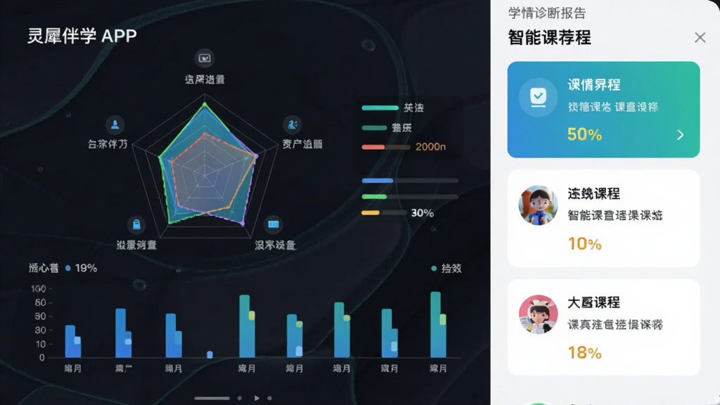 灵犀伴学APP界面展示学情诊断报告页面,主体是雷达图与柱状图,布局为左右分栏,左侧数据图表,右侧智能推荐课程卡片,排版清晰,UI设计现代简约风格,细节包含彩色进度条与分数标注,画质高清,干净无多余元素