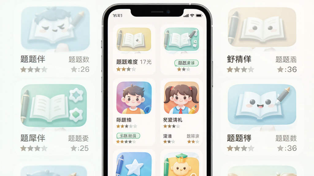 灵犀伴学APP的题库浏览页面,主体是手机屏幕展示分类列表,布局为网格排列,每个科目图标色彩鲜明,排版整齐,风格清新,细节包含题目难度星级与题目数量标签,画质高清,干净无多余元素