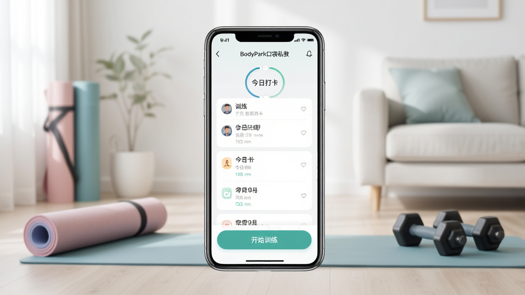 一张高清的智能手机屏幕展示BodyPark口袋私教主界面,界面显示训练计划列表、今日打卡环和开始训练按钮,背景是简洁明亮的现代客厅,有瑜伽垫和哑铃,画面清晰,布局居中,风格写实,细节丰富,画质干净,无多余元素