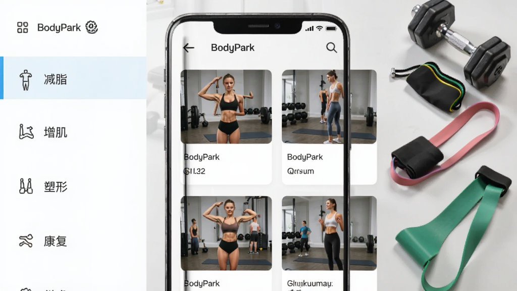 BodyPark口袋私教课程库界面截图,左侧分类列表显示减脂、增肌、塑形、康复等,右侧展示课程卡片缩略图,背景有哑铃、弹力带等健身器材,主体是手机屏幕,布局左右结构,风格扁平清爽,细节丰富,画质干净,无多余元素