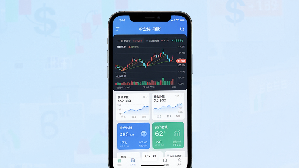 一张展示华金优+理财应用全貌的预览图,主体为智能手机屏幕中的APP主界面,界面布局清晰,包含股票行情图表、基金净值曲线、资产总览卡片,背景为浅蓝色渐变,整体风格简洁现代,扁平化设计,画质干净,无多余元素