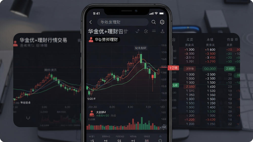 一张华金优+理财行情交易界面的预览图,主体为手机屏幕中分时走势图与买卖五档盘口,图表线条为红绿色,背景为深色主题,数据更新流畅,整体风格科技感强,扁平化设计,画质清晰,干净无多余元素