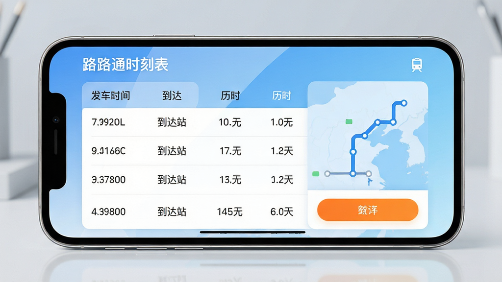 主体:一款名为“路路通时刻表”的出行查询软件界面,展示在智能手机屏幕上,屏幕中央显示清晰的列车时刻列表与地图路线。布局:手机横屏展示,界面顶部为软件名称“路路通时刻表”,下方依次排列发车时间、到达站、历时等数据,右侧配以简洁的线路示意图;背景为淡蓝色渐变,营造科技感。排版:扁平化设计,信息层级分明,字体清晰易读,列表行间距舒适。风格:现代简约,色彩以蓝白为主,辅以橙色高亮按钮,整体干净明亮。细节:屏幕反光自然,界面边缘有细腻的圆角,手机边框金属质感,桌面环境整洁,无多余元素。画质:8K超清,光影柔和,细节丰富,干净无杂物。
