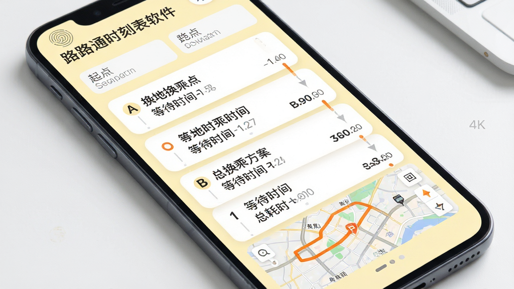 主体:路路通时刻表软件智能换乘功能界面,屏幕显示从A地到B地的多条换乘方案,每条方案包含换乘点、等待时间与总耗时。布局:手机竖屏展示,顶部为起终点输入框,中部为方案列表,底部为地图缩略图,用橙色线条标出推荐路线。排版:方案卡片纵向排列,时间轴清晰,重点信息加粗显示。风格:清新简约,背景为淡黄色,卡片白色,文字深灰。细节:地图缩略图有路网与地标,界面边缘圆润,手机背面有指纹痕迹,桌面干净。画质:4K清晰,色彩柔和,无多余元素。