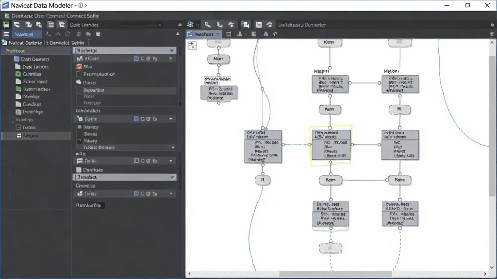展示Navicat Data Modeler从数据库连接中反向生成模型的画面,左侧是数据库连接设置,右侧自动生成了多个表和关系的模型图,整体界面专业,风格清晰,画质干净。